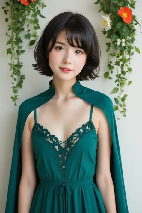 Ivyの貼ったWhite wall、White wall、White wallの前に花束を持った女性が立っている,  very cute 、 teenager,  very cute女の子、  Black Hair 、 short hair, Short Bob、Lofi Girl, Ivy, wearing blue-Green clothes, With flowers, Low quality photos, Cape, Green clothes, photo shoot, Smooth input...