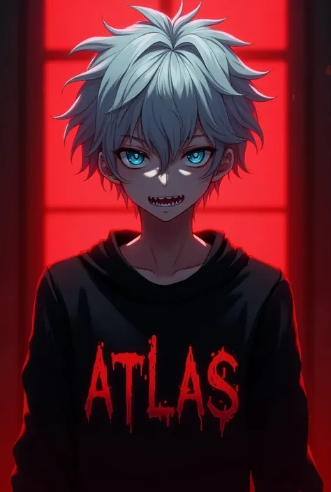 Generate me an image  of anime character with white curly hair gender boyhair cyan eyes vampire teeth wearing a black sweatshirt with red bloody text written on the sweatshirt giving yandere vibes make the background red spooky and put the text atlas in th...