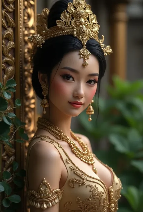 Close-up, Traditional Javanese royal princess, beautiful and graceful, is next to the temple