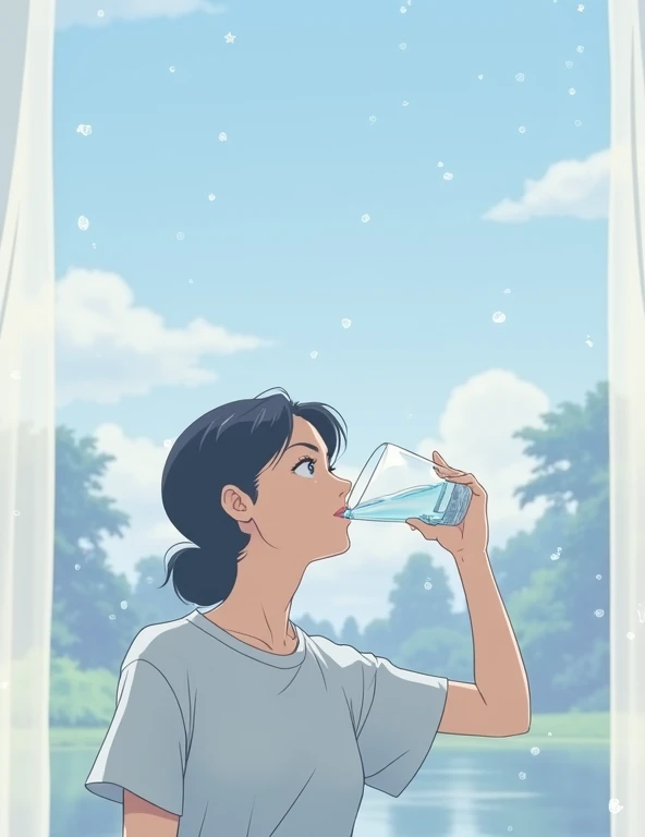  Studio Ghibli Style Animated Film、Movie stills、Best Quality、masterpiece、Representative works、Official Art、 professional、Ultra-compact、8k、Women Drinking Water 