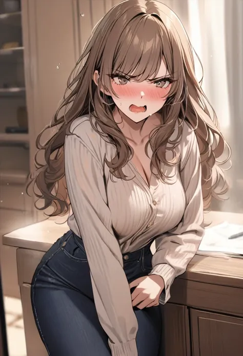 (( best quality)), ((masterpiece)), ( Details), (1 girl), sexy,  with bright brown hair and a 120cm bust,  wavy hair ,  mature women, Watery-eyed mother, living, Scream in anger, Casual Fashion, Blushing and glaring