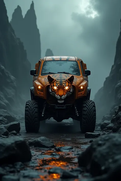 Hybrid image of the a Scorpio van and a tiger in the dark world 