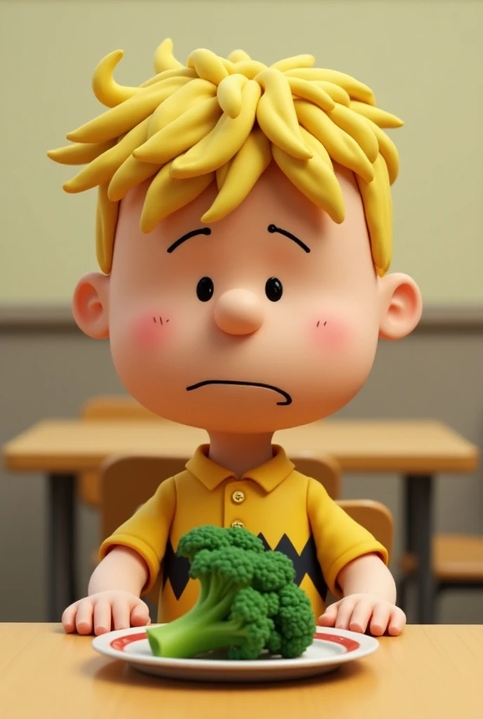 The character Charlie Brown Jr in 3D sitting at a lunch table with a disgusted face refusing to eat broccoli 