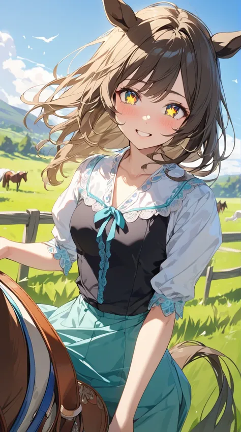 One Girl、 curious expression 、Sparkling Eyes、Shoulder-length hairstyle、 Cowgirl Clothes 、Small breasts、 Holding a horse saddle in hand、  
break、  
Sunny day、（ Vivid Colors :1.3）、 Bright Highlights 、 Vibrant Vibes 、Western Feeling 、 Artistic Details 、Fun fe...