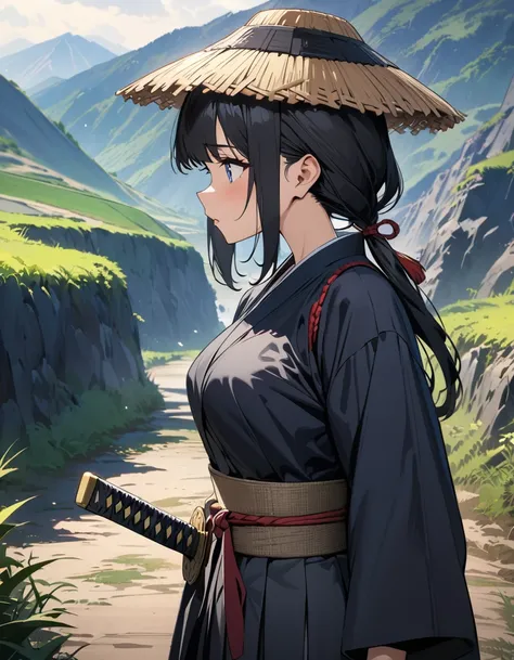 masterpiece, best quality, ultra detailed, Japanese anime style,, Girl, black hair, low ponytail , a braided hat of straw, samurai costume, Katana on waist, deserted mountain path,