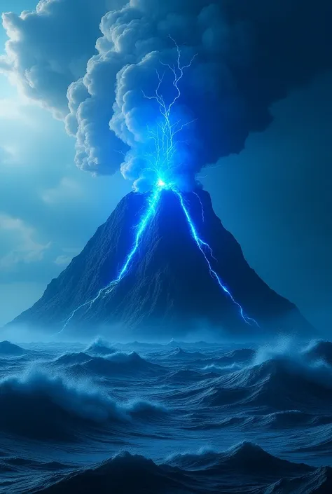 Generate a volcano emerging from water and is erupting. With blue lava