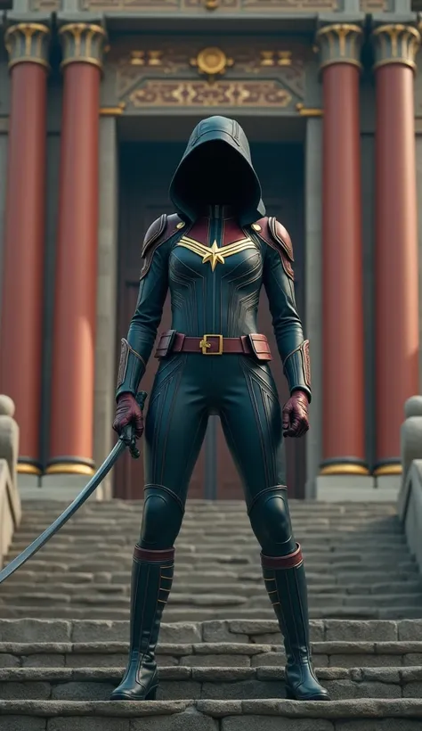  captain marvel wearing a ninja suit holding a sword standing on a temple, black hood 
