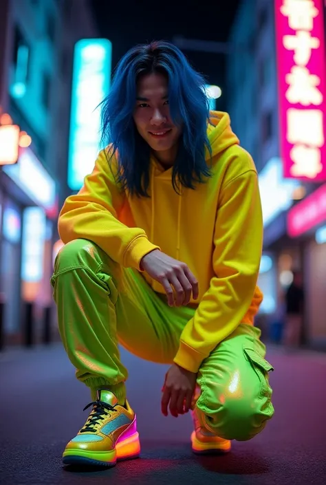 A photography of a handsome japanese man wearing striking Neon yellow shiny Hoodie and shiny iridescent long cargo pants, colourful neon sneakers. smirking face. blue long wavy hair. Posing like a professional model. At the street lane. Striking neon glow ...