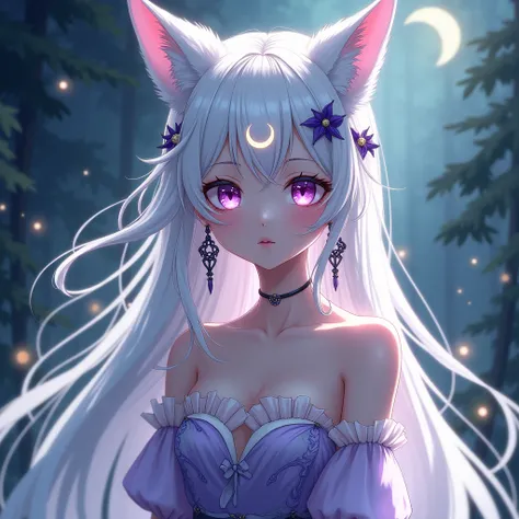 1 girl,  long white hair . Breasts. Fox ears. multi-colored eyes.  purple eyes , pink eyes. earrings.  The dancers candid outfit. The symbol on the forehead is the form of the moon . full length.