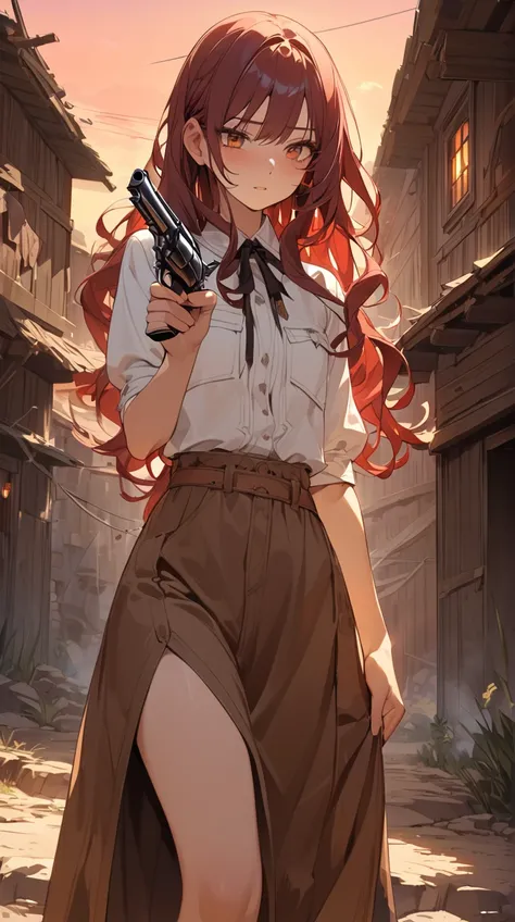 One Girl、Brave look、Sharp Eye、Long Curly Hair、 cowboy style outfit 、Hall々A positive attitude、Small breasts、 holding a revolver in hand、  
break、  
Twilight Light、（ Warm Tones :1.2）、Red Sky、 tense atmosphere 、Western Scenery 、 Artistic Details 、 charming 、 ...