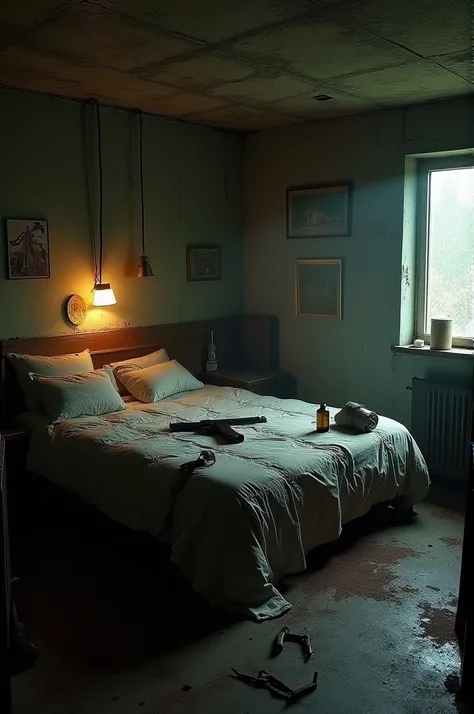 ((very much realistic underground big room of a spy agent )), ((big bed in the room)), ((few guns and knifes on the ground )), ((oil bottle on bed for mostrubation )), (( room is old and dark ))