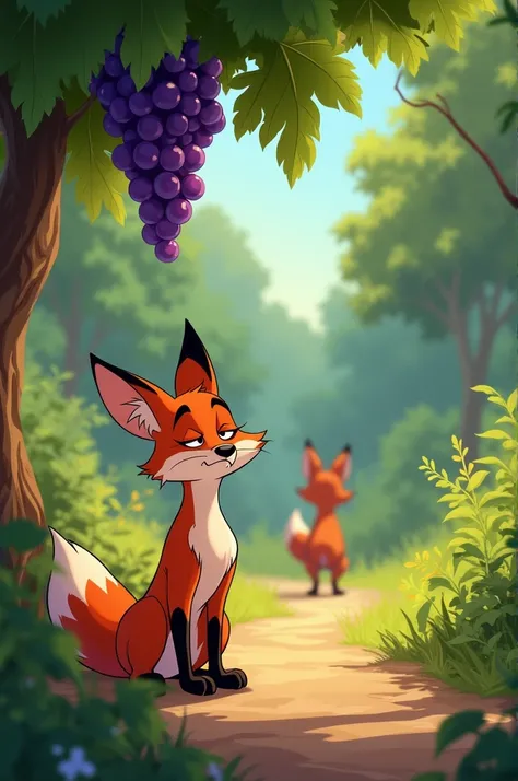 The Fox Giving Up:
The fox turns away from the grapes with a sour expression and mutters to herself, "These grapes must be sour anyway." She walks away, leaving the grapes behind, with her head held low in frustration and defeat.disney animated 