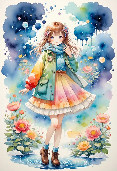 (masterpiece,  best quality:1.2),  watercolor style, 1 girl, girls in winter clothes , it's snowing , fantasy,beautiful as a dre...