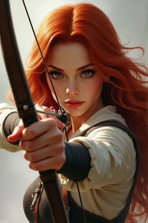  Create me a picture of a redhead with wavy long hair woman , She has a bow in her hand ,  he is stretched and aimed at something behind the picture that you cant see,  she looks determined and ready to fight 