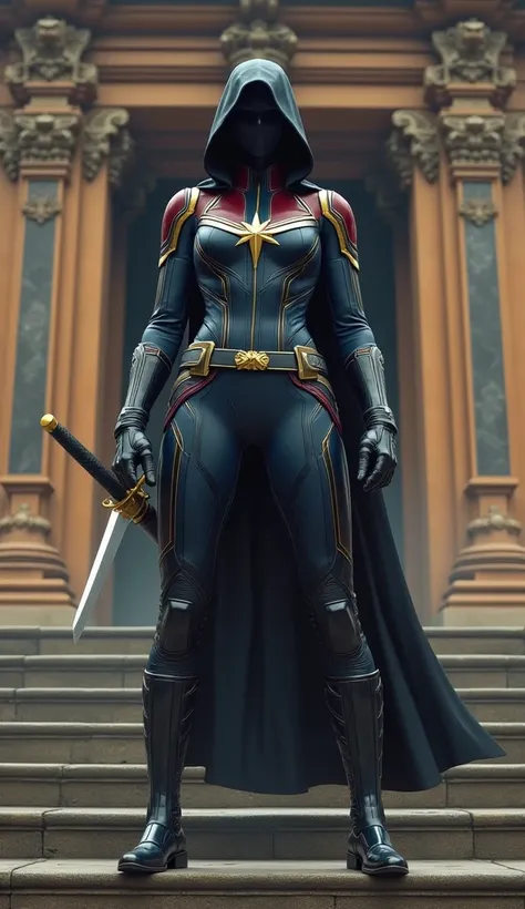  captain marvel wearing a ninja suit holding a sword standing on a temple, black hood 
