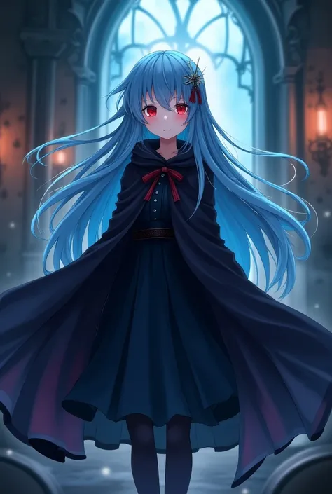  1 girl,  high resolution, Long hair, Red eyes, Blue hair,  high resolution,  Masterpieces,  High Detail,  background in the magic room, สไตล์Anime, Anime, Put on a black witch cloak ,Hair clip, 