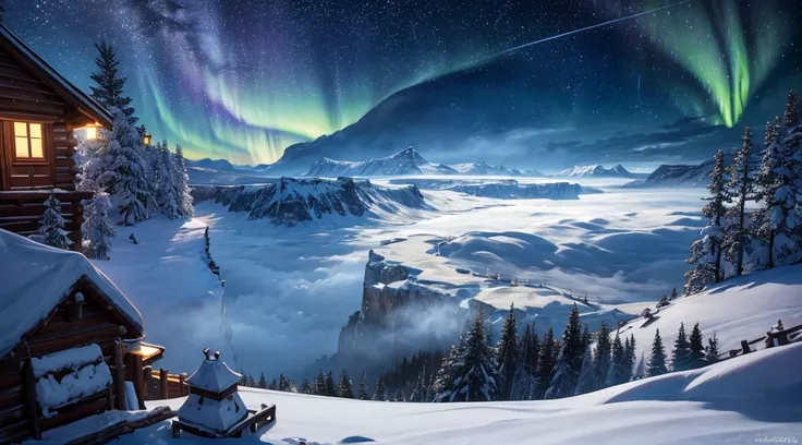 Best quality, high resolution, (masterpiece: 1.2), northern lights, (towering snow-capped mountains), (snow-covered cabin), (reindeer), yukito, (sleigh), (clouds) , mist, (Moon), (galaxias), Breathtaking landscapes, Icy cliffs, Frozen lake, peaceful, Majes...