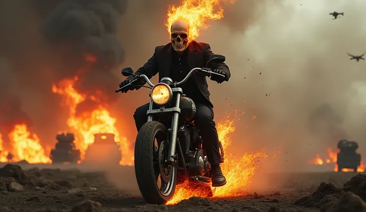 GHOST Rider showing human face riding bike with background war going on. 