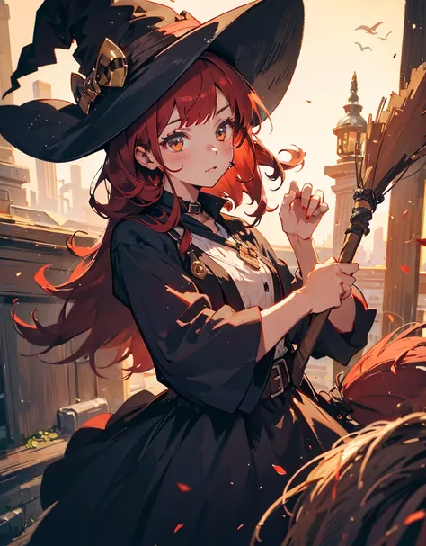   High Resolution ,witch,Red Hair,cat,broom,
 1 girl, close-up ,