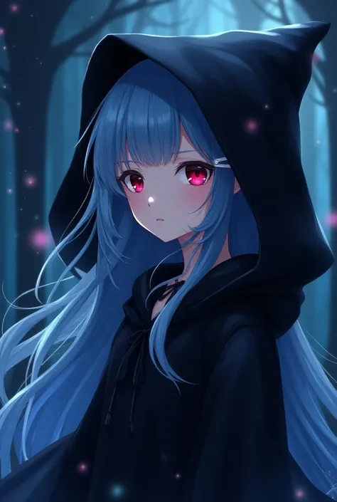  1 girl,  high resolution, Long hair, Red eyes, Blue hair,  high resolution,  Masterpieces,  High Detail,  background in the magic room, สไตล์Anime, Anime, Put on a black witch cloak ,Hair clip, Hood, 