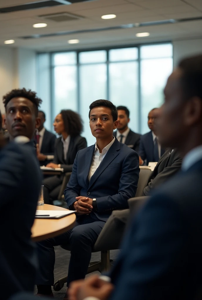 Des jeunes fonctionnaires hommes et femmes africaine en tenue française en reunion dans une grande salle de conference