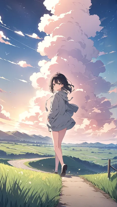 A single paved road leading to the horizon in the center、Morning Glow、Asahi、grassland, Maki grassland, One girl looking into the distance 、Looks small in the distance 、Grey hoodie、 put your hands in your pocket、Black Hair、  White Clouds , Maki 、Venus、On th...