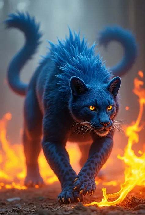  Can you generate a Nekomata crossed with a puma crossed with a leopard for me.  The tasks must be bright and blue . Il doit ressembler à un chat et avoir deux queues. They must be surrounded by flames . Il doit avoir les yeux brillants et flamboyants. Il ...