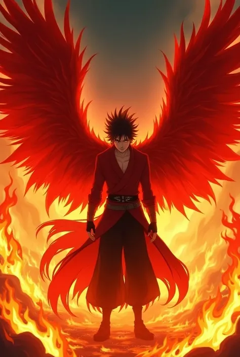 Hyakkimaru from dororo with red pheonix wings in fire and a red pheonix tails in fire