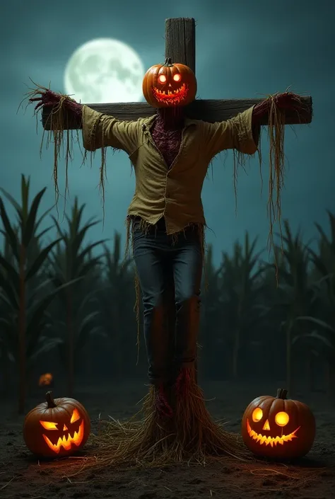 Scary demonic scarecrow, evil smiling face, evil pumpkin head, rotten skin, red eyes, worn and old shirt and pants, straw body, crucified on a cross, in a field of corn cobs, at night, horror atmosphere, image of horror movie, Halloween horror, demonic pum...