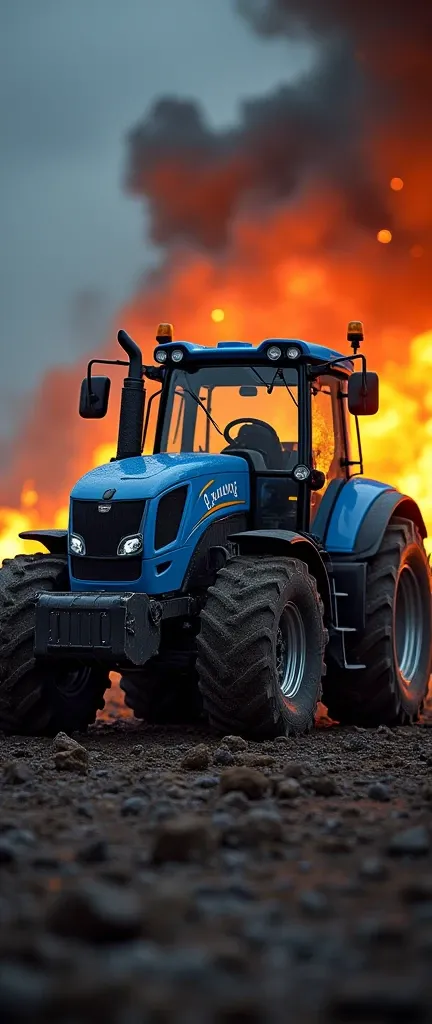 Modified blue tractor with fire background and inscribed SUPRI KOPLING 