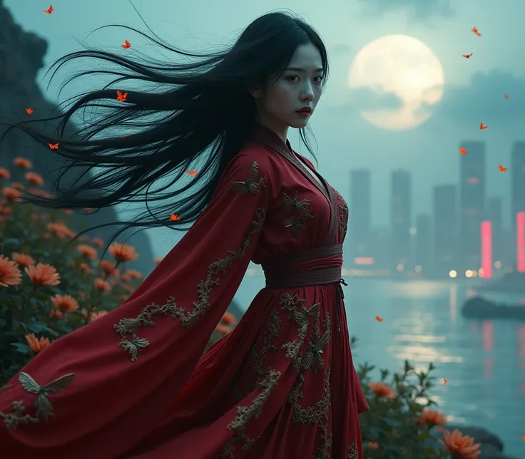 Feng Sanniang is a powerful yet graceful ghost with a fierce and determined look in her eyes. Her long, flowing black hair whips around her as if alive, shimmering like silk in the pale moonlight. Dressed in a deep crimson robe embroidered with gold phoeni...