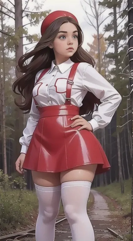   Cute young beautiful curvy schoolgirl Soviet pioneer,  beautiful cute teen face , red leather skater pinafore dress ,  transparent white blouse , brunette long hair,  beautiful eyes. stockings,  Sneakers, Soviet schoolgirl - standing in the woods ,   pho...