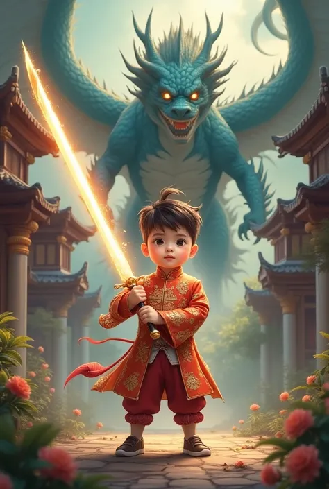 Boy with big glowing sword / chinese traditional suite / a dragon is behind