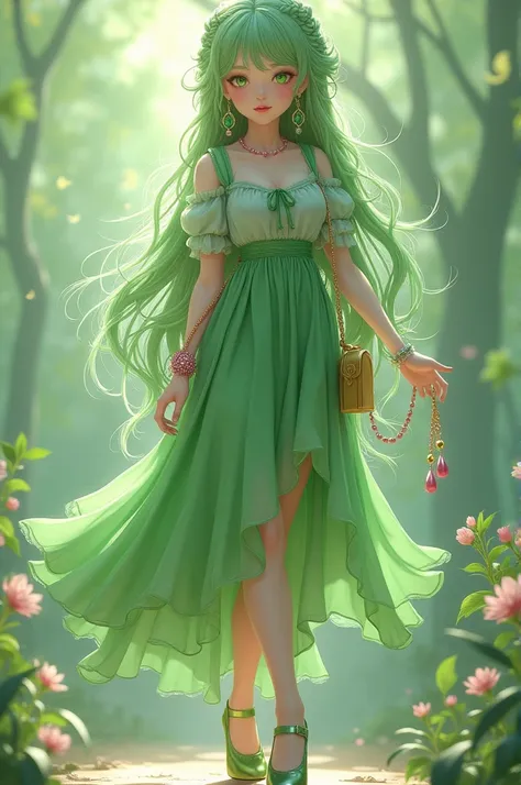 A girl with green dress. Green color earrings pink chain. Greencolor hair, long with braid, green heels. Along with real face features with light green makeup. Along with golden purse. Full body image Generate the image.
