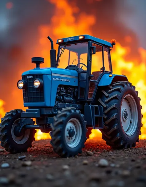 Modified blue tractor with fire background and inscribed SUPRI KOPLING 