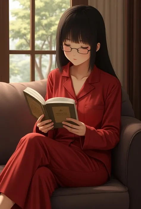 In an elegant home、Japanese high school girl wearing red pajamas 、 enjoying quiet reading。