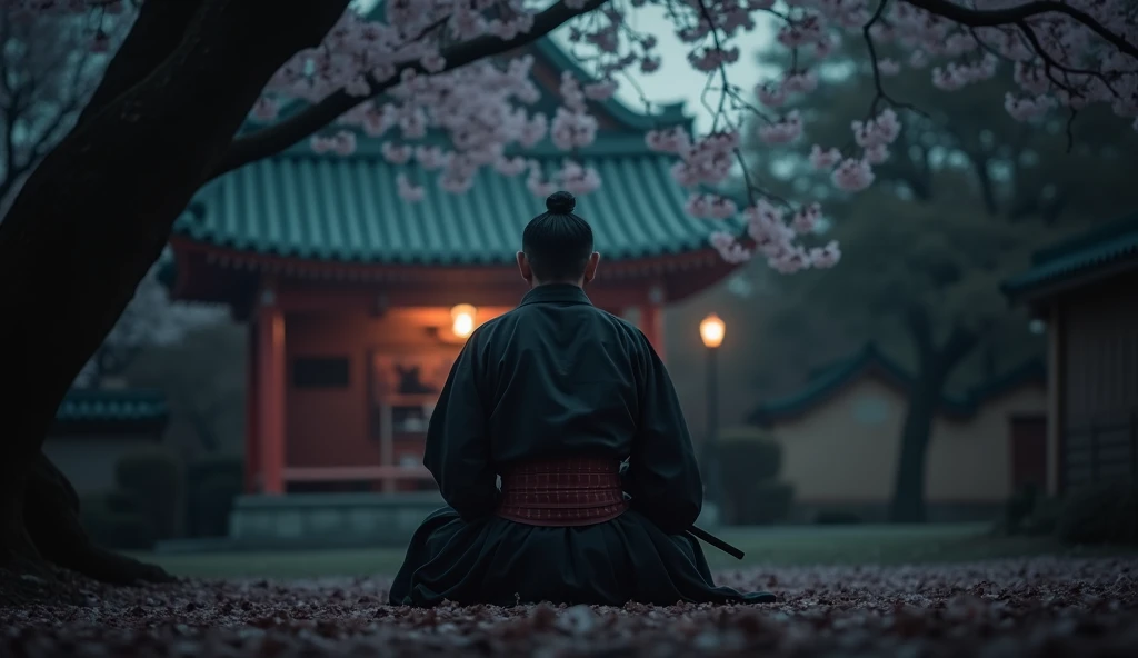 samurai in a black robe sitting on the ground  under an ancient big cherry tree in full bloom, temple in the background, dramatic cinematic shot,