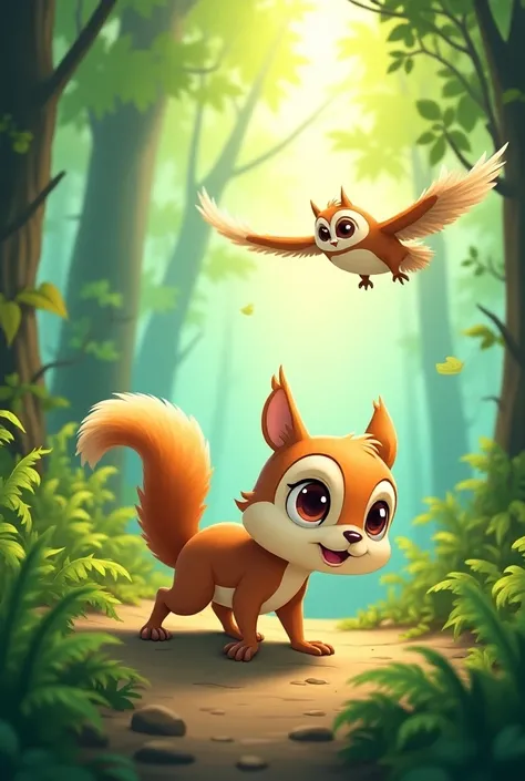 Cartoonic image in a forest a tiny squirrel 
And flying owl in a forest 