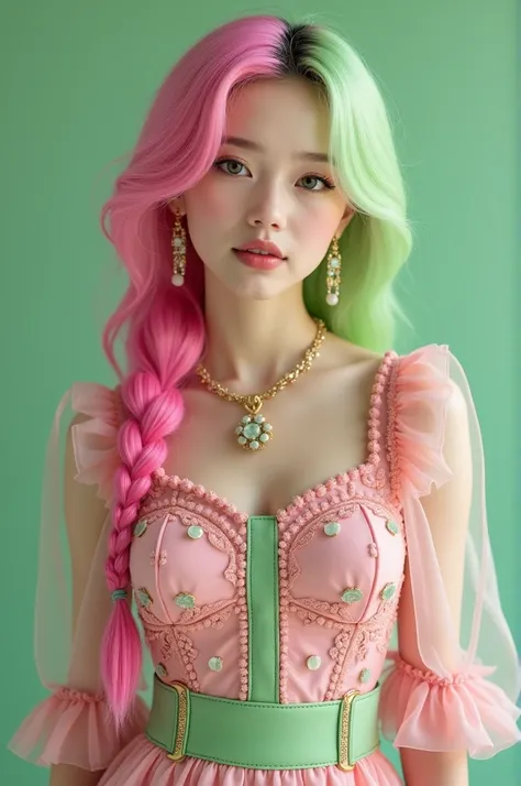 A girl with pink and green combo dress. Pink and green color earrings pink and green chain. Pink and green color hair, long with braid, pink and green heels. Along with real face features with light pink and green  makeup. Along with golden purs. Full body...