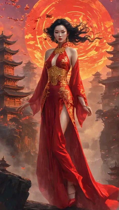 Feng Sanniang is a powerful yet graceful ghost with a fierce and determined look in her eyes. Her long, flowing black hair whips around her as if alive, shimmering like silk in the pale moonlight. Dressed in a deep crimson robe embroidered with gold phoeni...