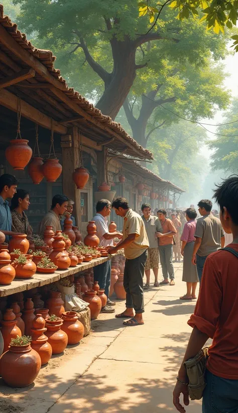 Image of many customers purchasing or checking earthen pots and flower pot kept near roadside , purchasing from potter