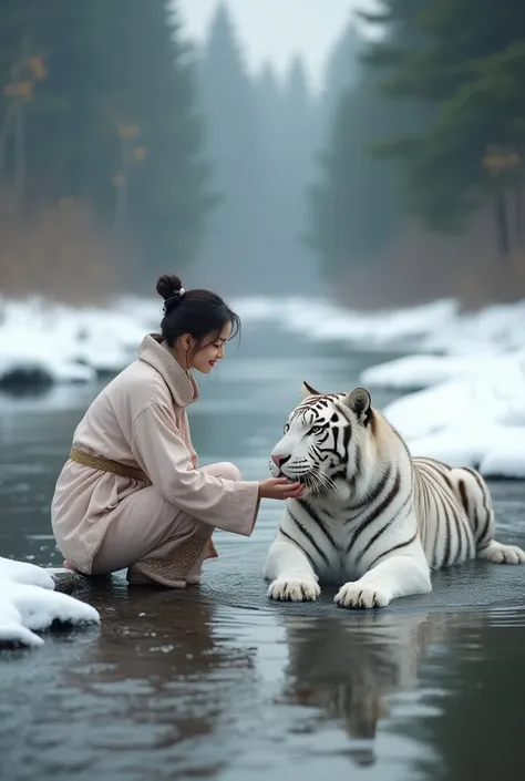 Real photo of a beautiful 20 year old Chinese girl, dressed in traditional Chinese clothing (wearing hijab syari), smiling, squatting on the edge of a clear river, holding water with her right hand. Beside her, a white tiger is lying looking at her. The ba...