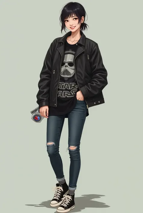 A neat Japanese woman、、Ear piercing、Leather jacket、smile、 starwars shirt,, likes Star Wars, marvel and skateboarding, all interests should be inclouded, she should wear something deadpool or Spider-Man themed, a whole body shot with a neutral background 、S...