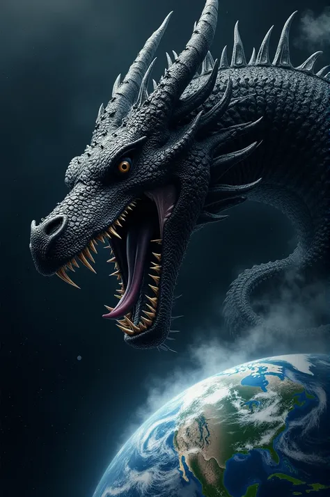 (realistic image)big dragon trying to eat earth in space,his colour is black 