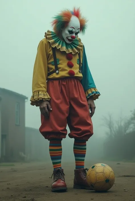 FULL BODY Clown sad, playing soccer 