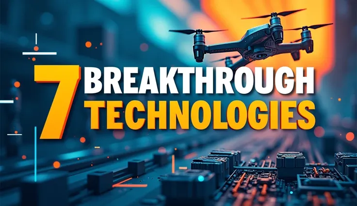 Design a visually striking thumbnail featuring a futuristic background with images of breakthrough technologies, such as smartphones, drones, and renewable energy sources. Use a bold gradient of blue and orange to create a dynamic look. In the center, add ...