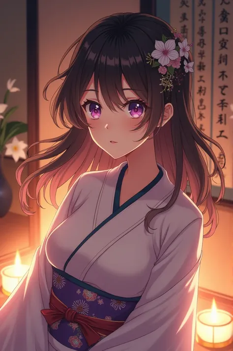 Make an anime girl with brown hair, she has bangs, her irises are purple. Like a Japanese princess. She is giving birth