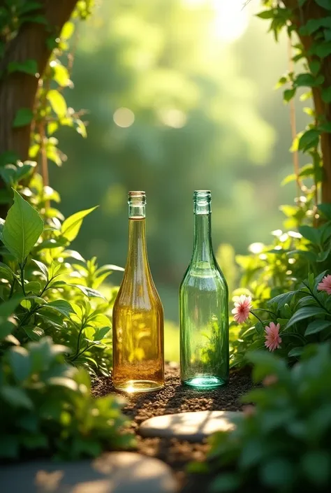 Two bottles in garden 
