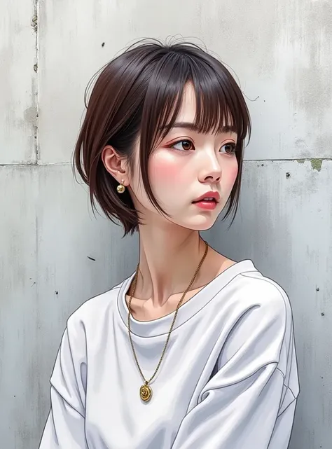 (Best Quality、8k、32K、 Masterpiece、UHD:1.2)、((profile))、Dressed casually、 Japanese Women、((High nose))、( straight、 short hair) (Brown Hair)、(grey concrete background)、(Shadows on the model)、1 person、necklace、The eye color is dark brown、Simple earrings、((Hig...