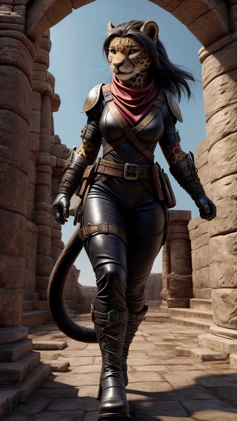 Imagine a jaguar , dressed as a Mexican ninja .  The jaguar is dressed in an elegant tactical outfit that balances elegance and danger.  Her outfit consists of a tight black jumpsuit with cutouts ,  that reveal parts of her arms and legs .  She wears a sca...